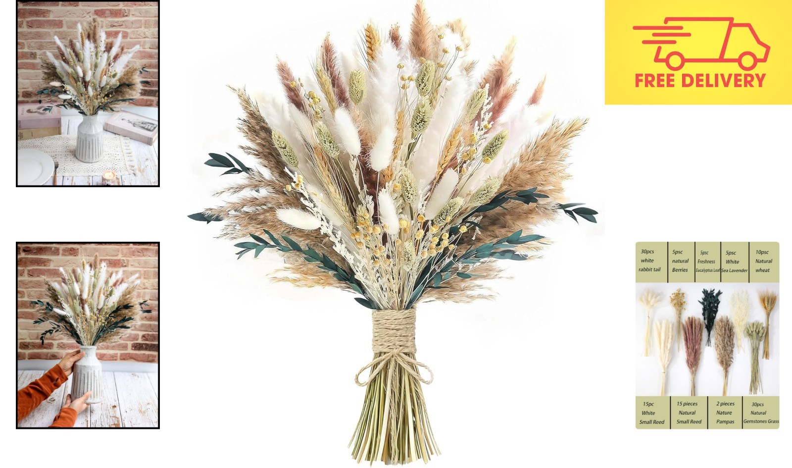 126pcs Dried Pampas Grass Bouquet – Boho Floral Decoration for Weddings & Homes