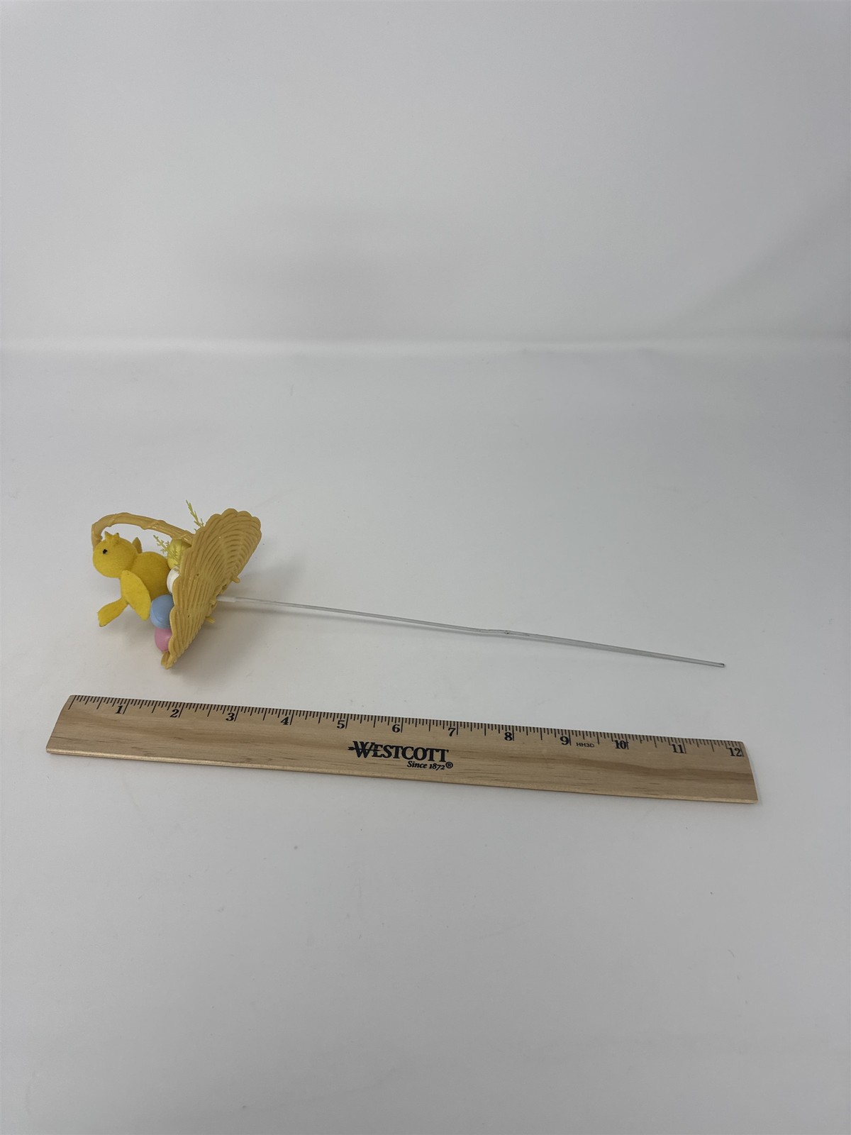 Vtg Easter Basket Chick Floral Pick Flocked Yellow Bird Plastic Eggs Spray 12″