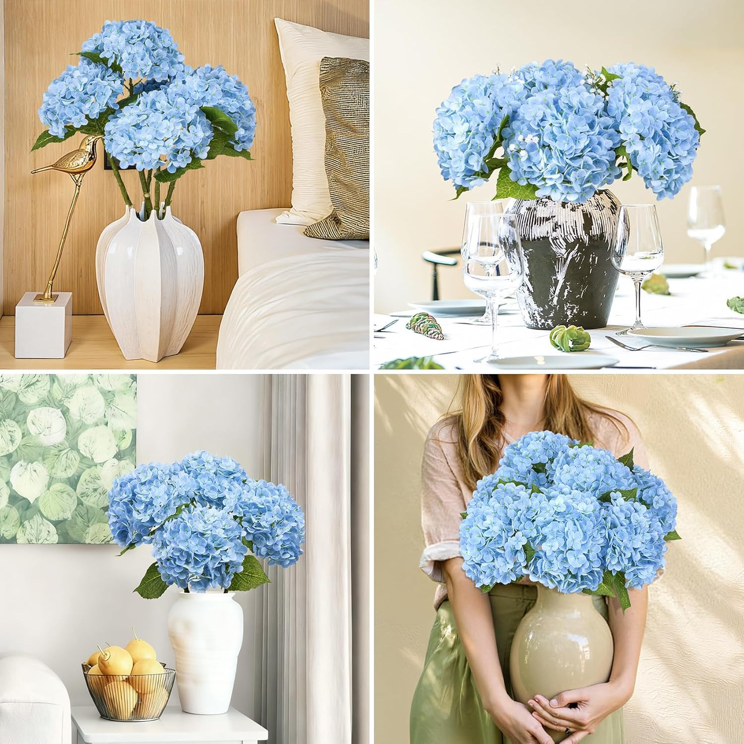 4 Pcs 21″ Hydrangea Artificial Flowers, Realistic Blue Latex Real Touch Faux Hyd