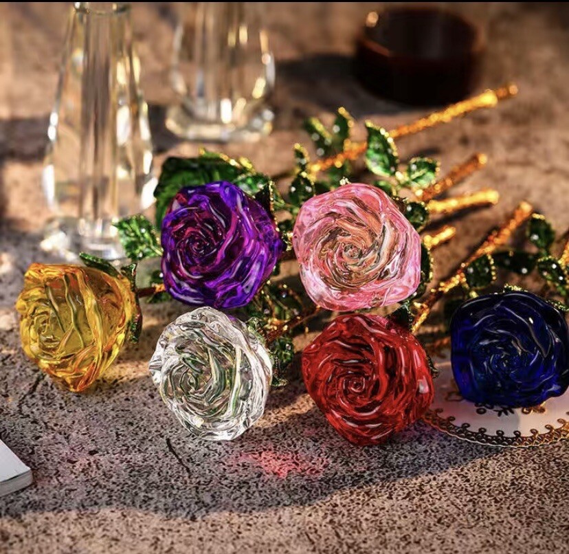 Crystal Glass Red❤️Rose Flower Gold Plated Long Stem Love Valentine’s Day Gift🌹