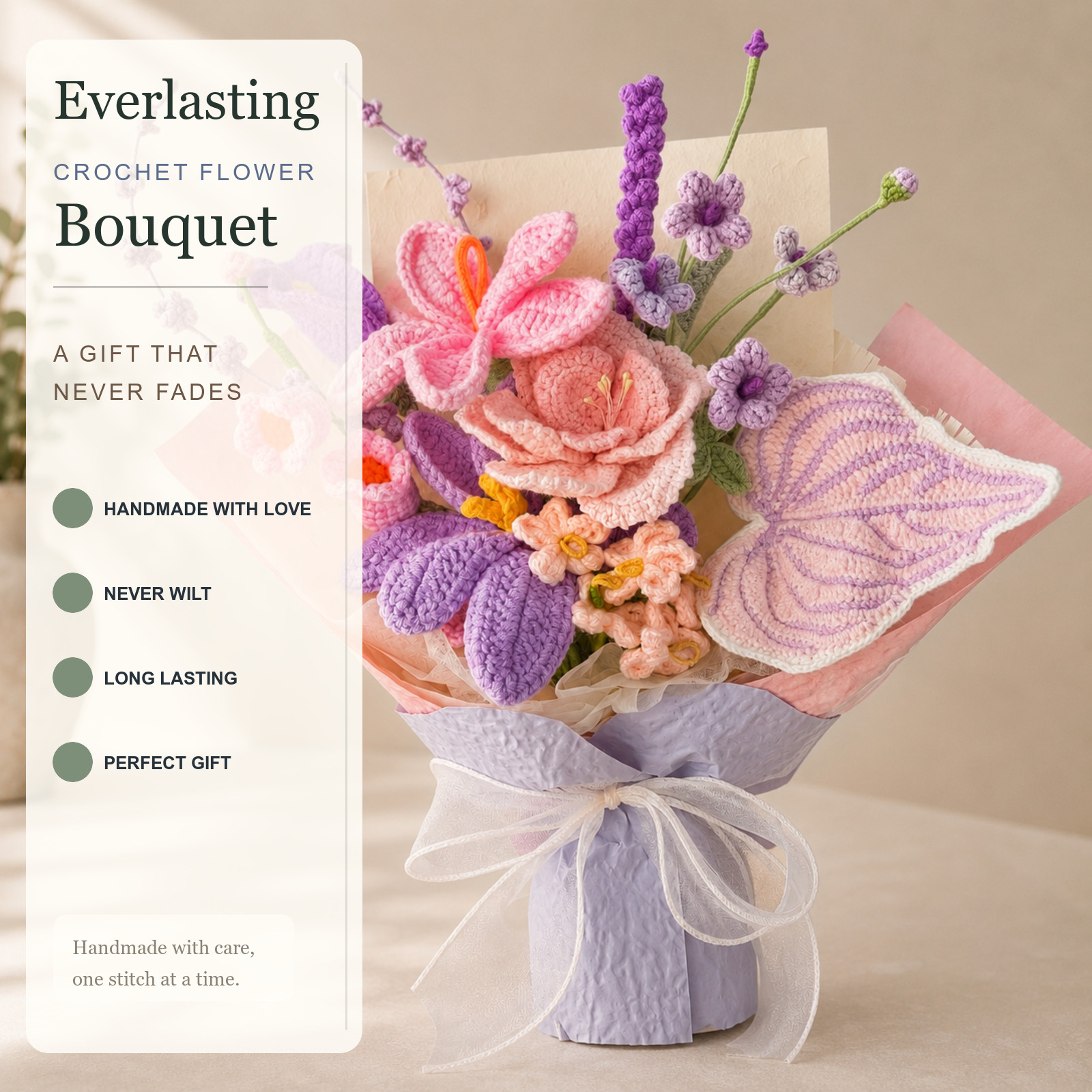 Pink Purple Crochet Flower Bouquet Birthday Thank You Gift for Her