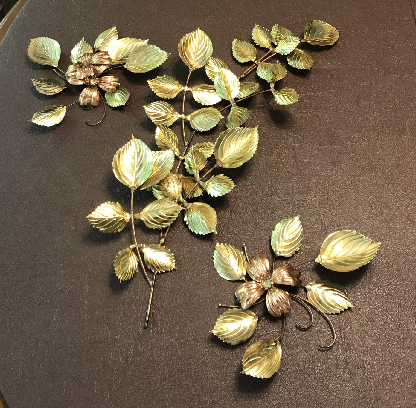 3 Gold Tone Brass & Copper Flower Leaf Metal Wall Hanging Decor Set