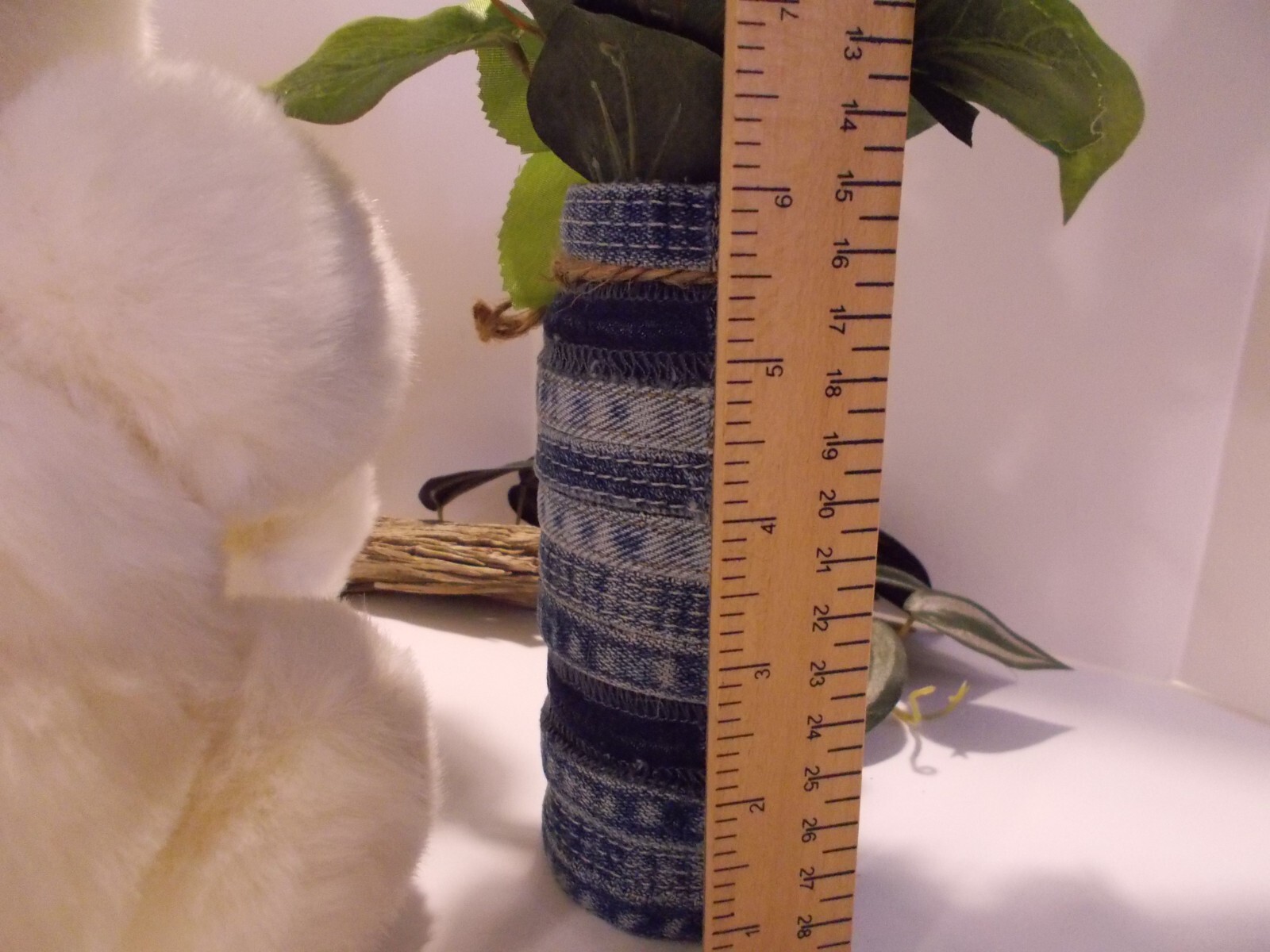 Handcrafted Denim 6 Rose Bouquet in Denim Seams Vase w Teddy Bear Upcycled Denim