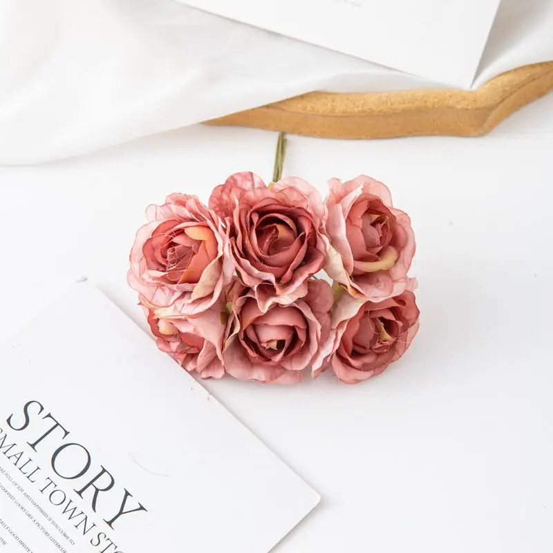 6Pcs Artificial Silk Tea Rose Mini Bouquet for Wedding Christmas Diy Home Decor