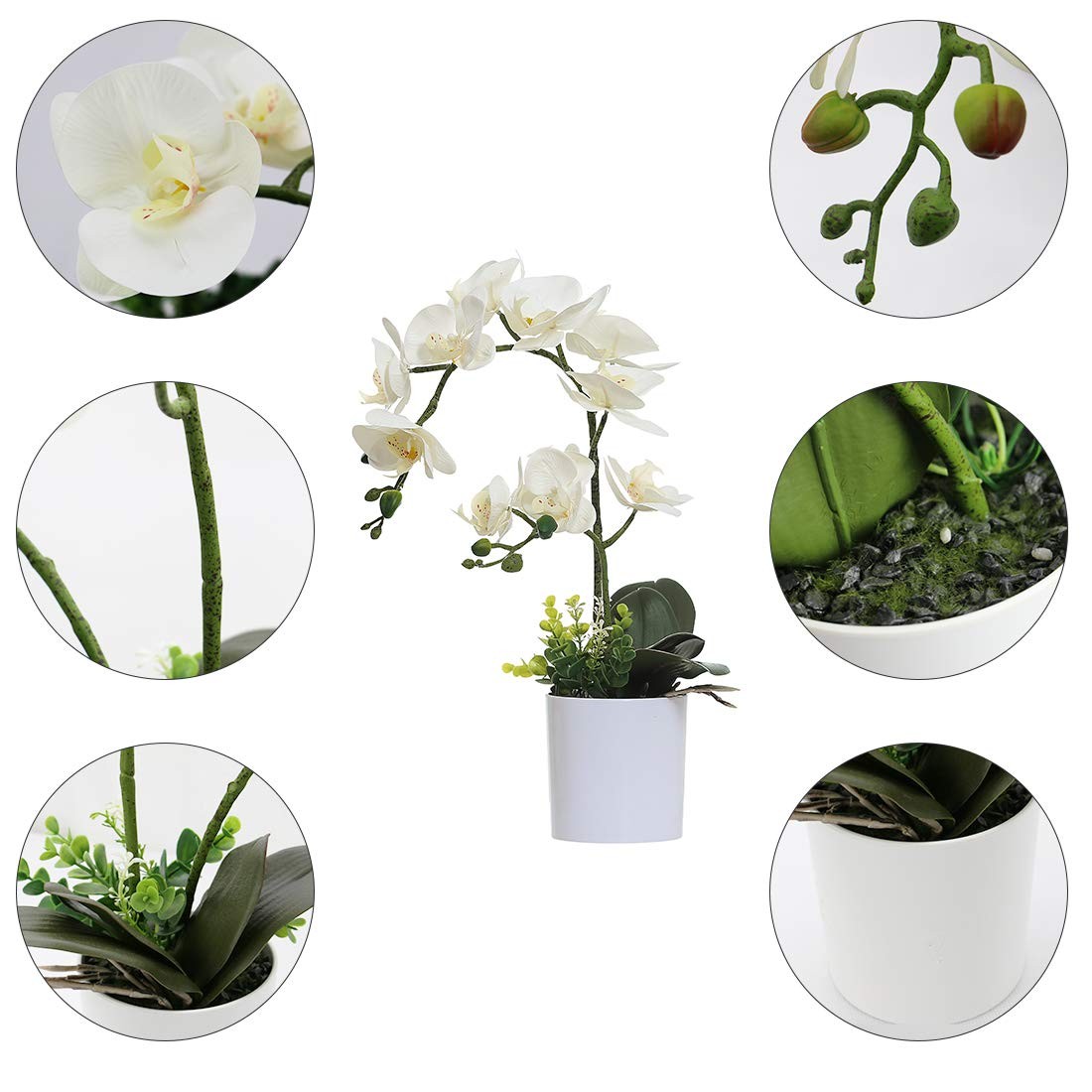 Omygarden White Orchid Artificial Flowers in Pot, Fake Plastic Orchid Flowers, D