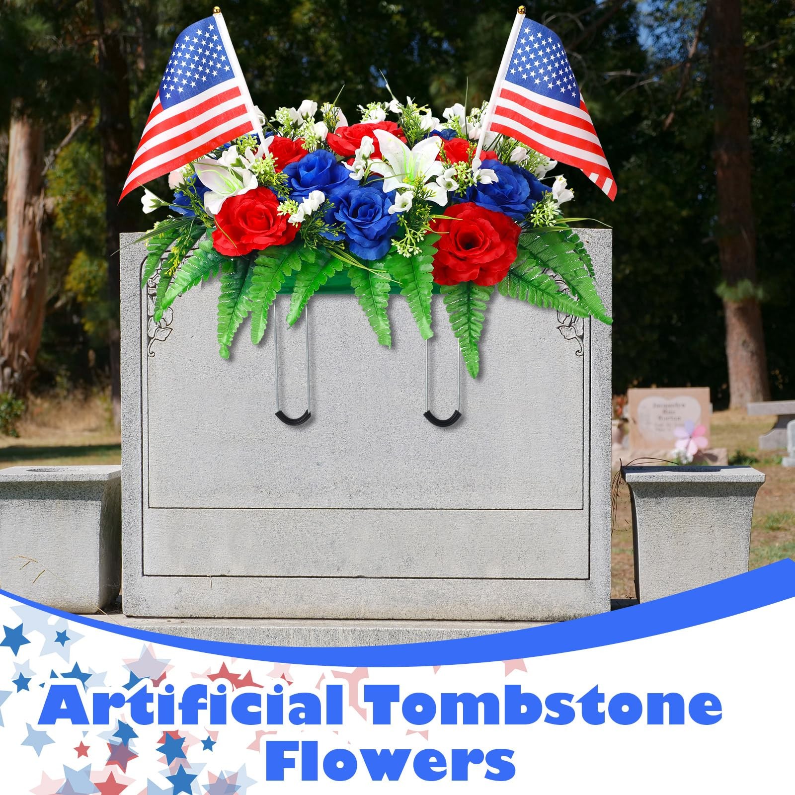 Patriotic Headstone Flower Saddle with American Flags, Red White Blue 4th of …