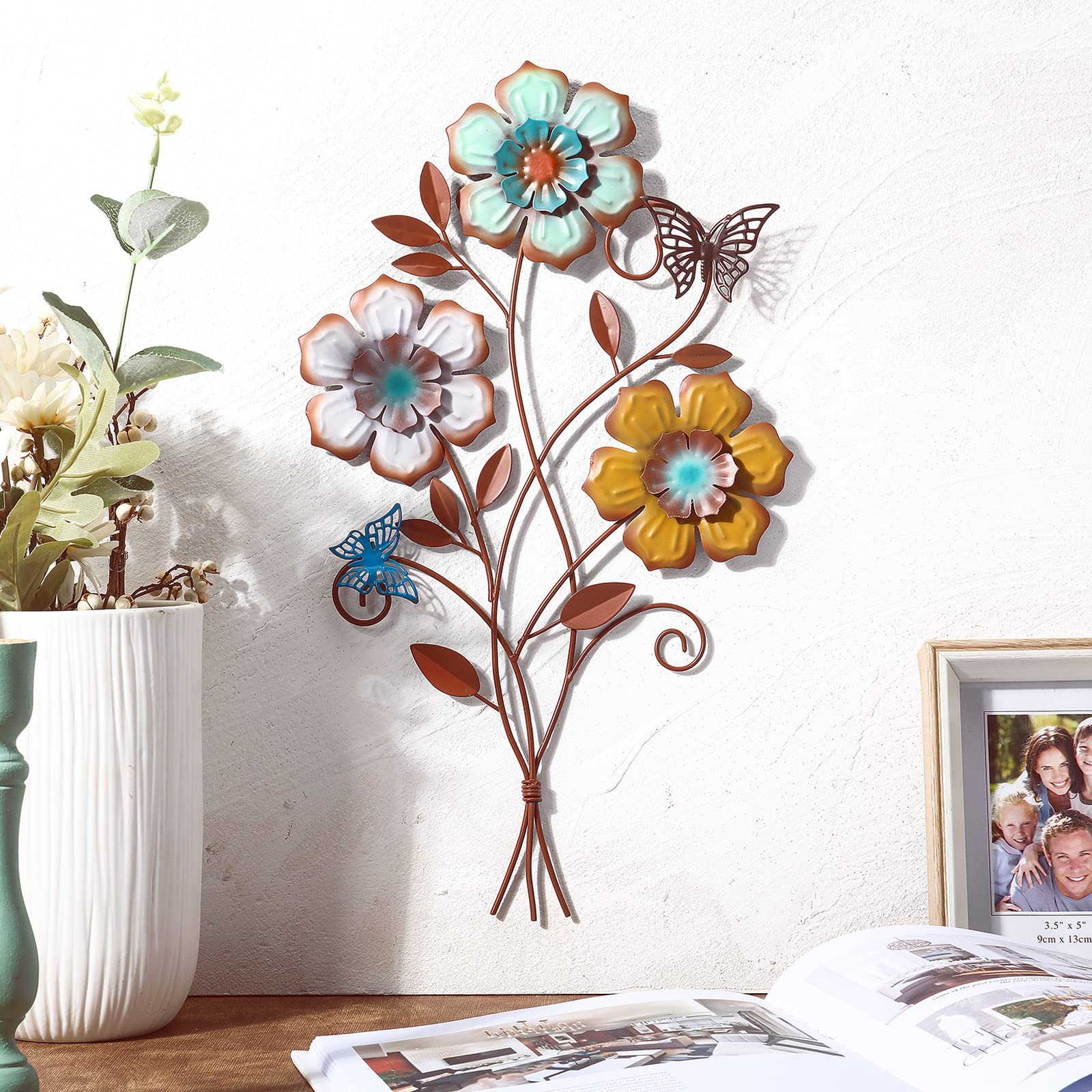 Moxweyeni Tricolor Flower Wall Decor Vintage 15 x 9.1 inches, Multicolor