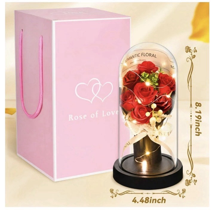 Artificial Pink Rose Bouquet Under Glass Dome w/ LED Lights 8.19in