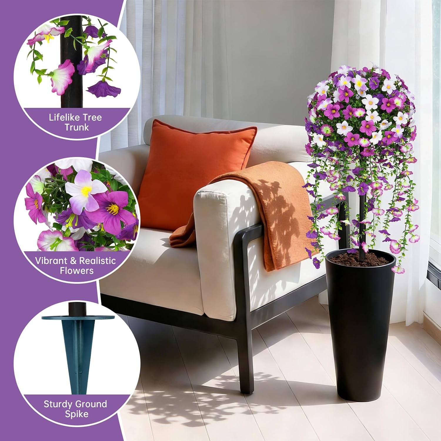Artificial Topiary Ball Trees with Purple Morning Glory Flowers, 3FT Artificial