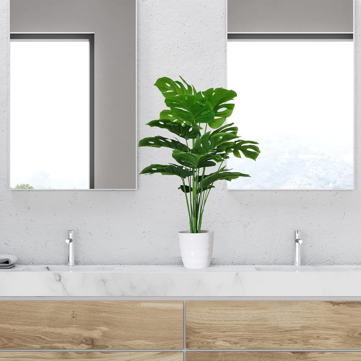 Set of 2 Artificial Monstera Deliciosa Plants in Pots Fake Tropical Palm Tree W/