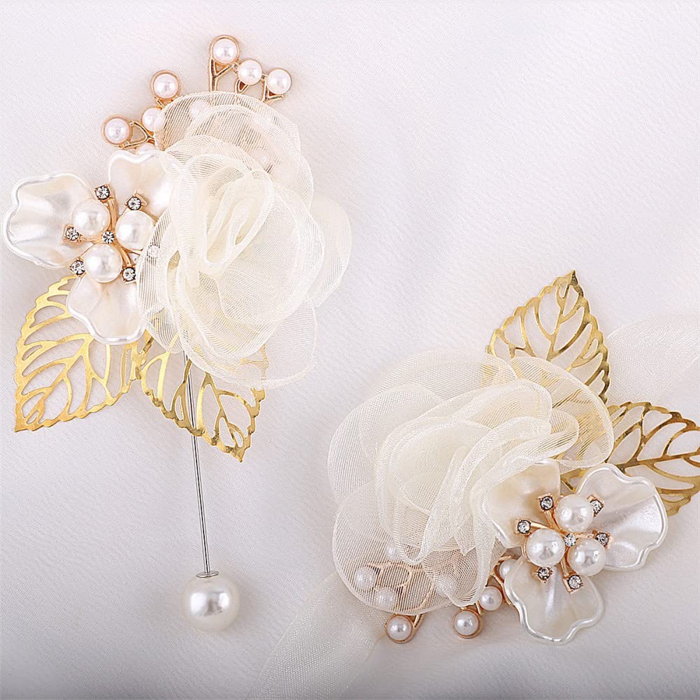 Ivory Boutonniere and Corsage Set for Groom Groomsmen Man Suit and Bride Brid…