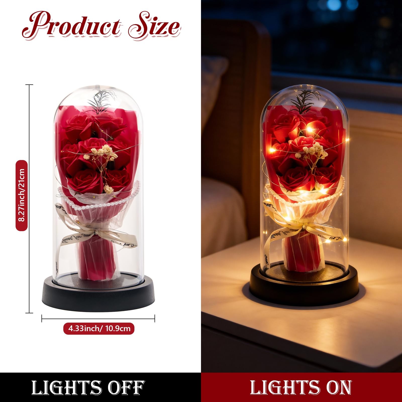 Forever Rose Light Up Preserved Red Rose in Glass Dome, Artificial Flower Gif…