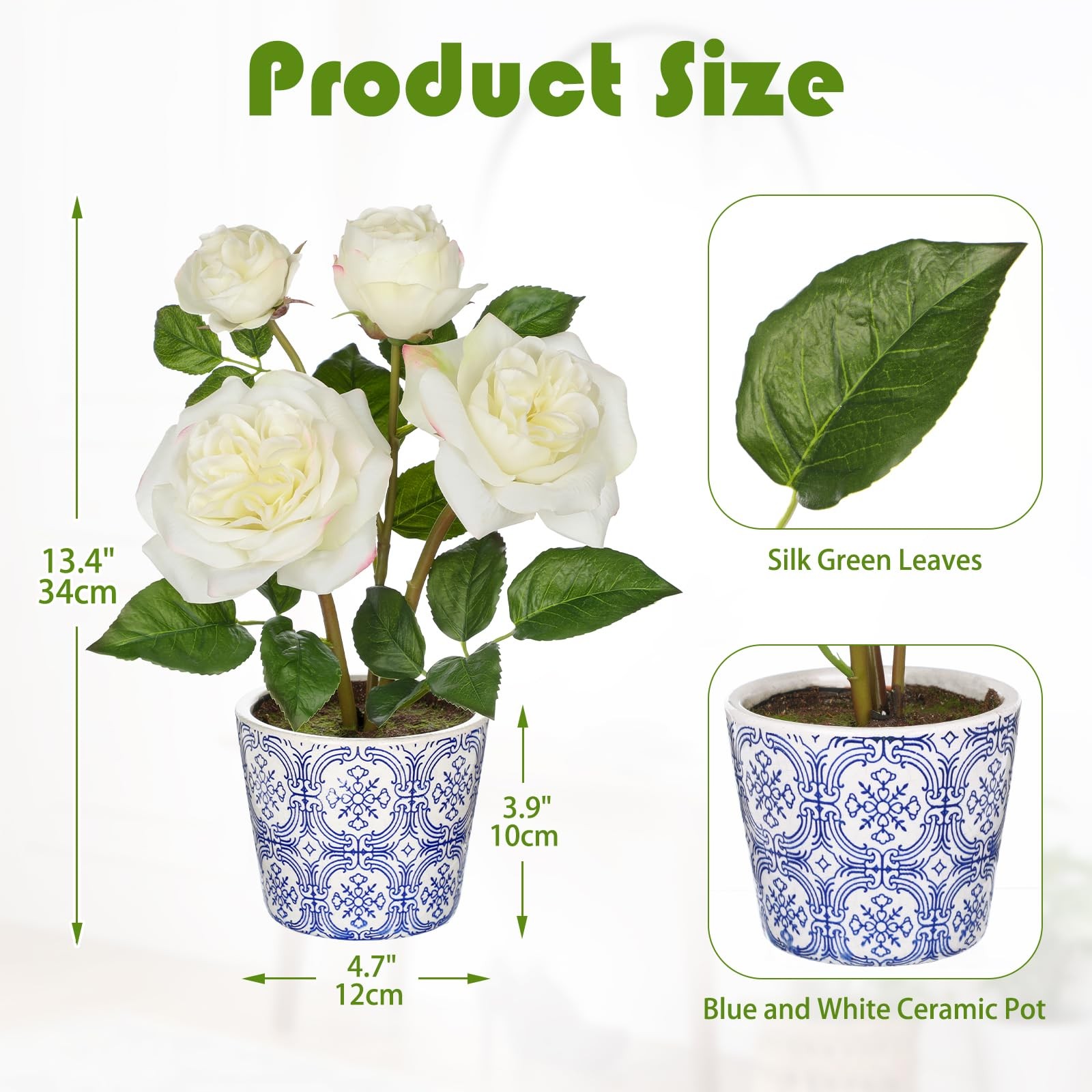 White Real Touch Roses Artificial Flowers in Vase Blue and White Porcelain Ce…