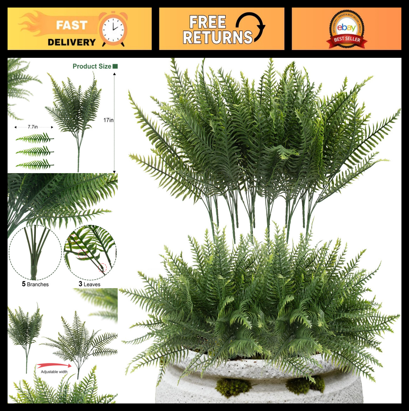 12 Pcs UV Resistant Fake Ferns – Artificial Greenery for Garden, Patio & Porch D