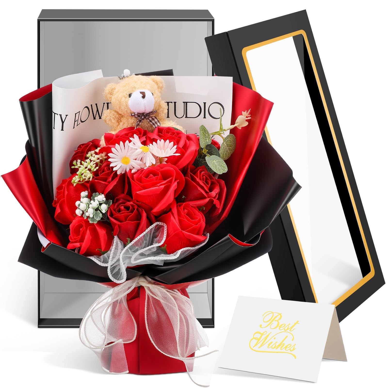 11 PCS Scented Soap Rose Bouquet Bear Gift Box Red Black 12.6×7.1 Inch Decor