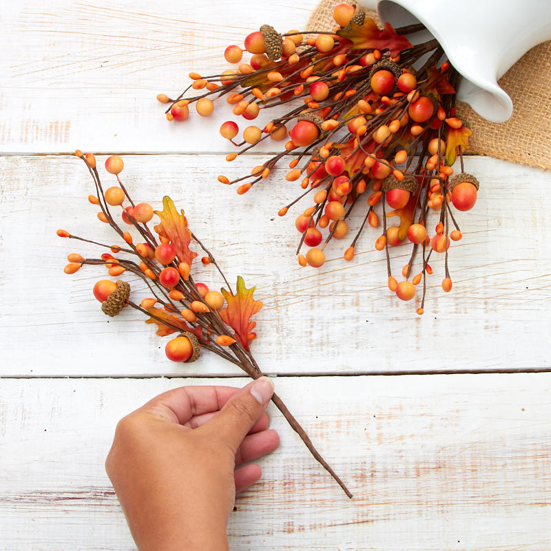 Package of 6 Faux Autumn Orange Berry, Acorn, and Oak Leaf 9-1/2″ Picks