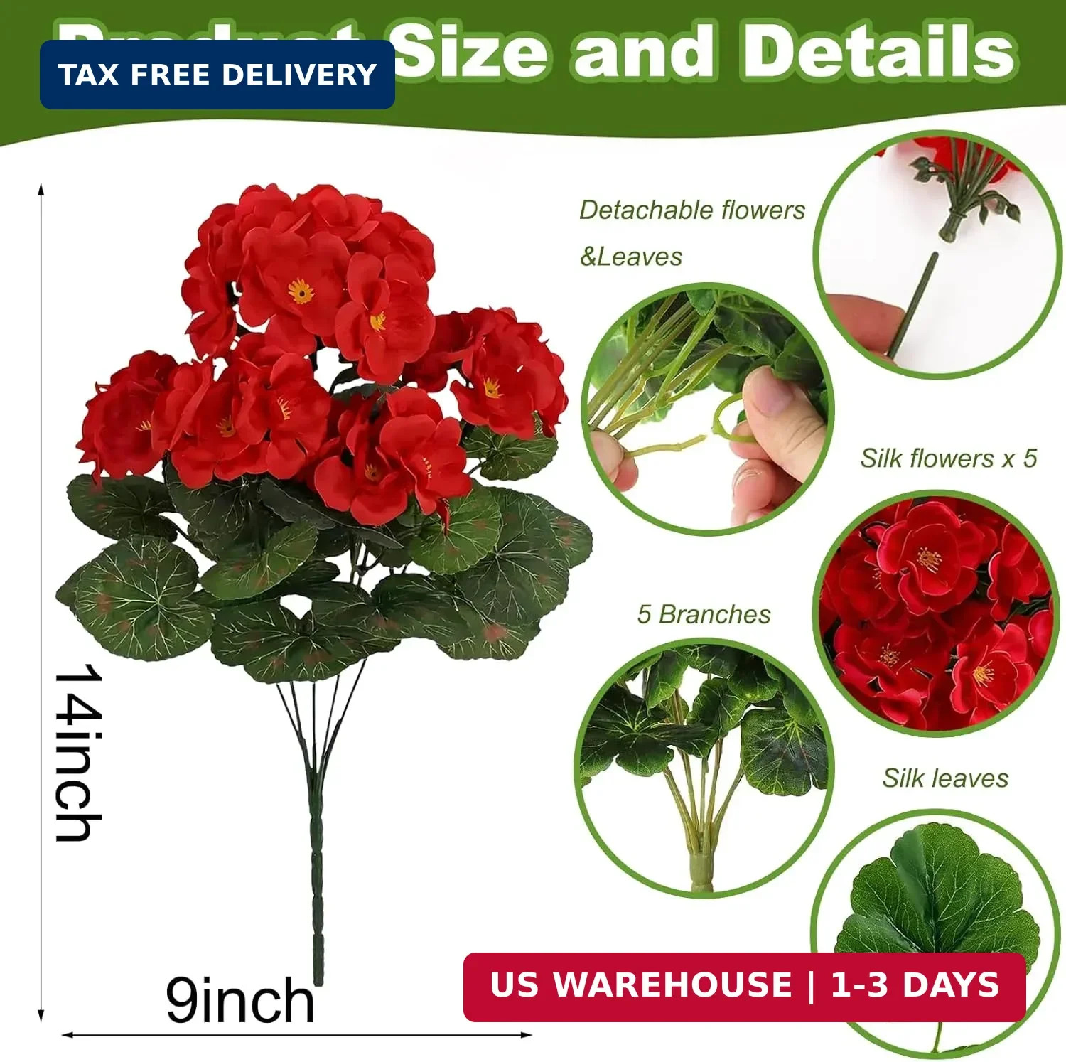 6 Pack Artificial Geranium Flowers for Outdoors Geranium Silk Red Flower Outdoor