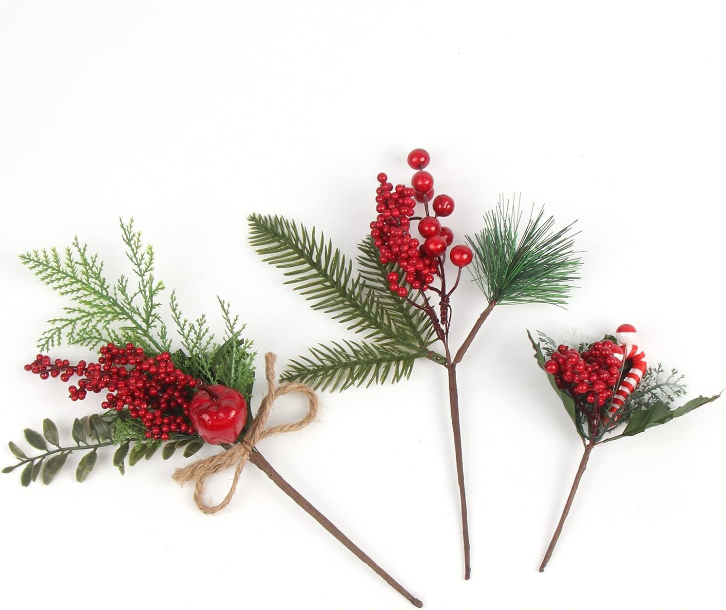 Artificial Christmas Red Berry Picks 16 Pack Assorted Pine Berries Branches Fake