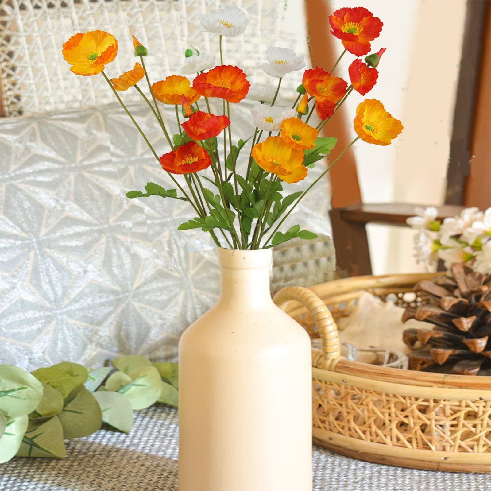 CISDUEO 6 Pcs Artificial Poppy Flowers 22.44 inches, Orange, Yellow, White