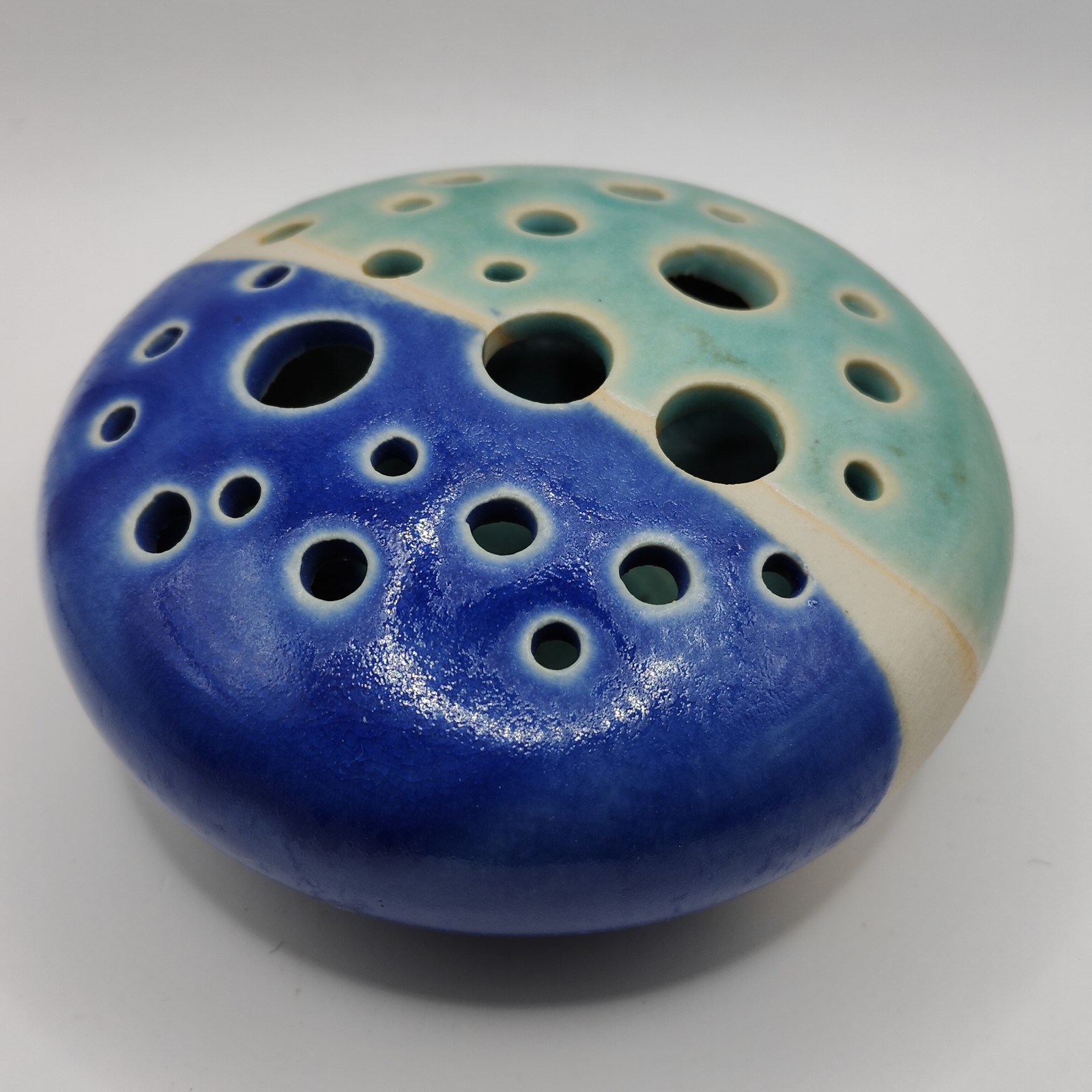 Töpferei Velte Allgau Germany Art Pottery Vase Flower Frog Handmade Blue Aqua