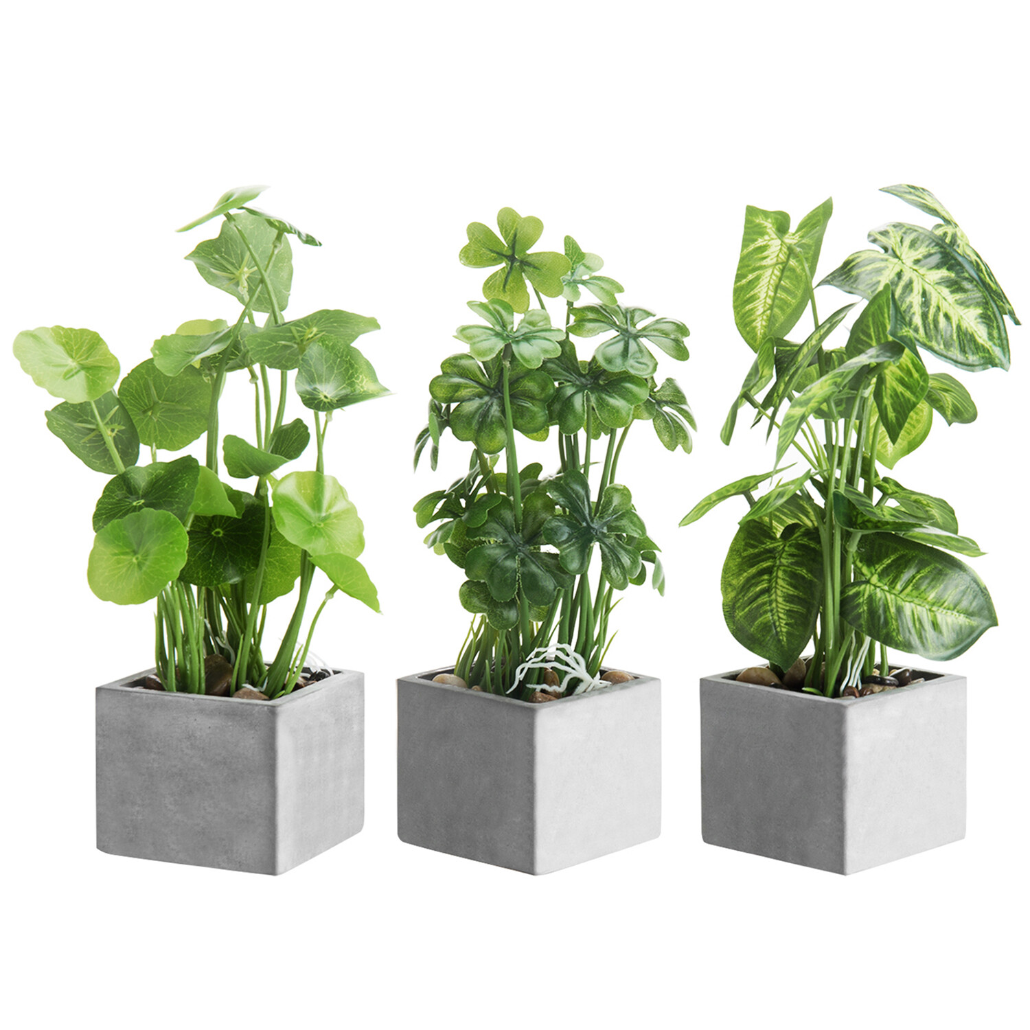 MyGift Set of 3 Artificial Faux Greenery Plants in Gray Square Cement Planters