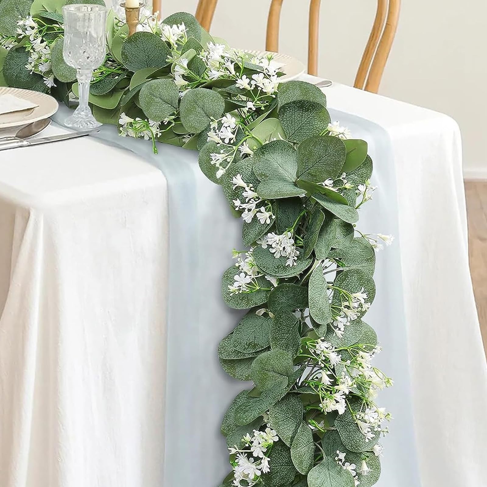 Eucalyptus Garland with White Flowers, 2 Packs 5.9Ft Artificial Silver Dollar…