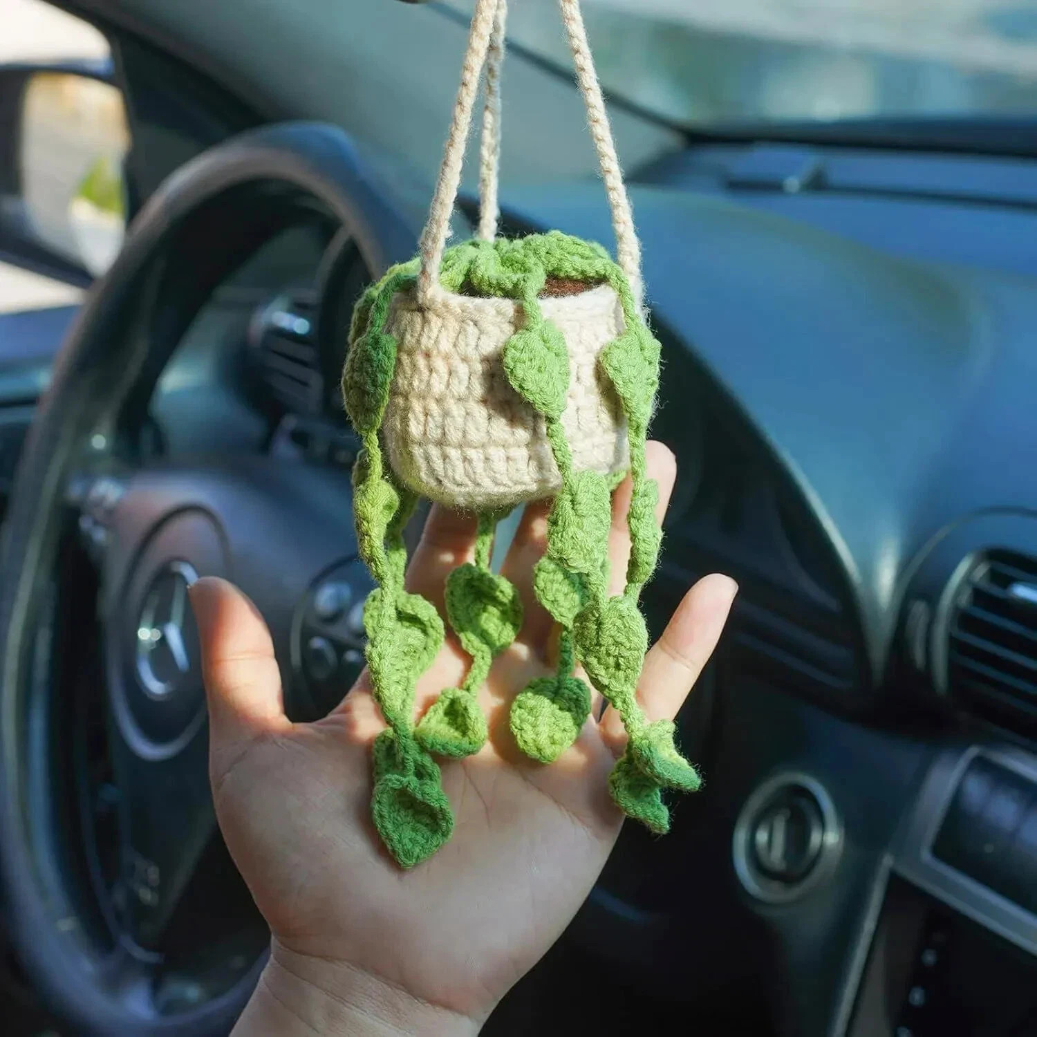 Handmade Crochet Car Plant Hanging Monstera Rearview Mirror Plant Decoration