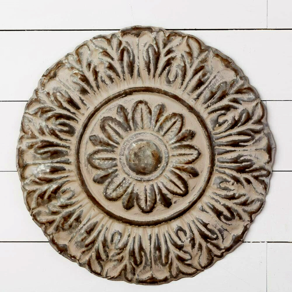 Rustic Embossed floral Wall Tin in Distressed Metal – 20 inch