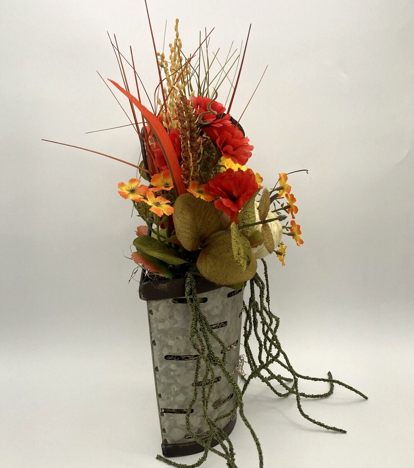 Artificial Flower Arrangement In Metal Wall Pocket Lotus Pod White Pumpkin