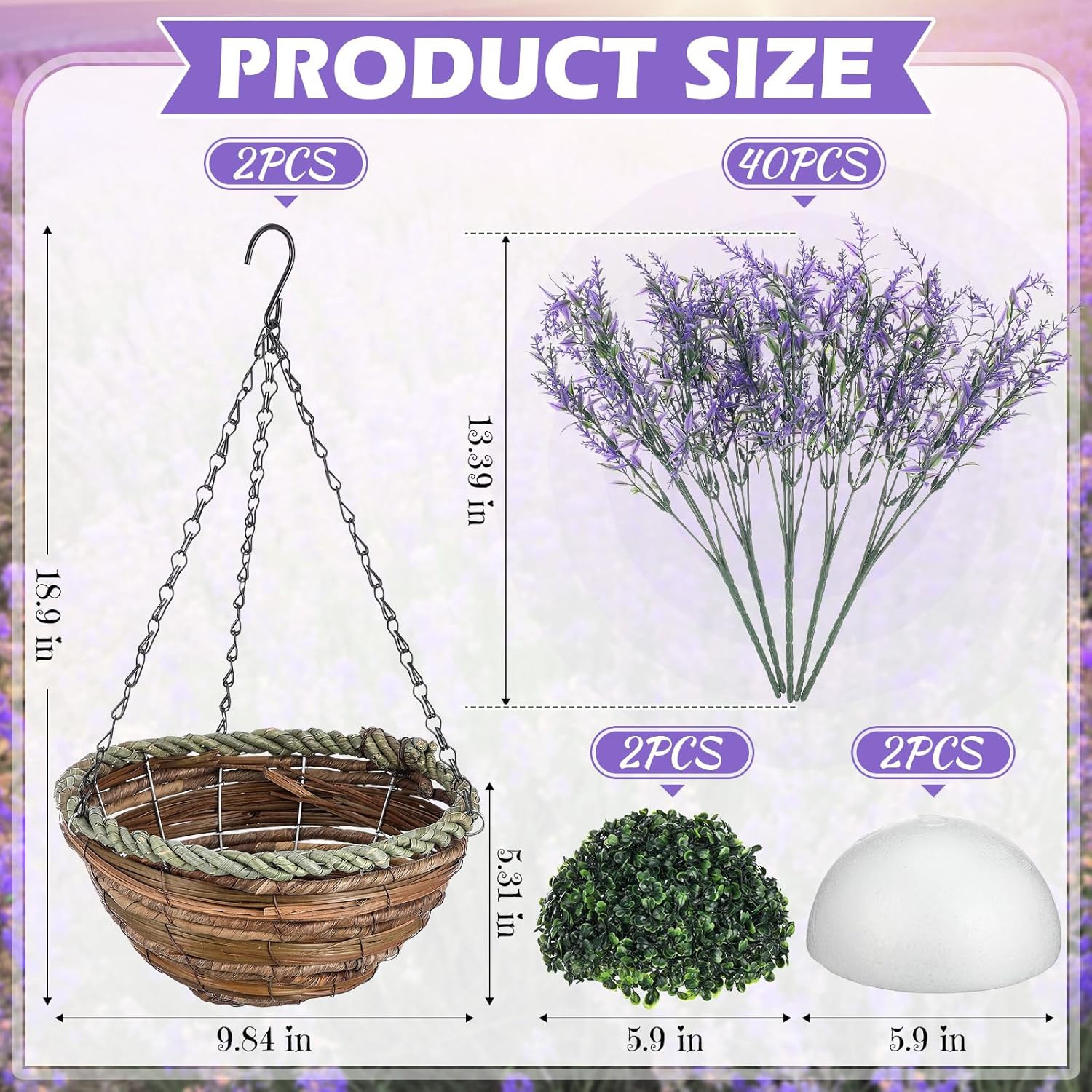 Purple Artificial Lavender Flowers in Hanging Baskets for Indoor/Outdoor Decor