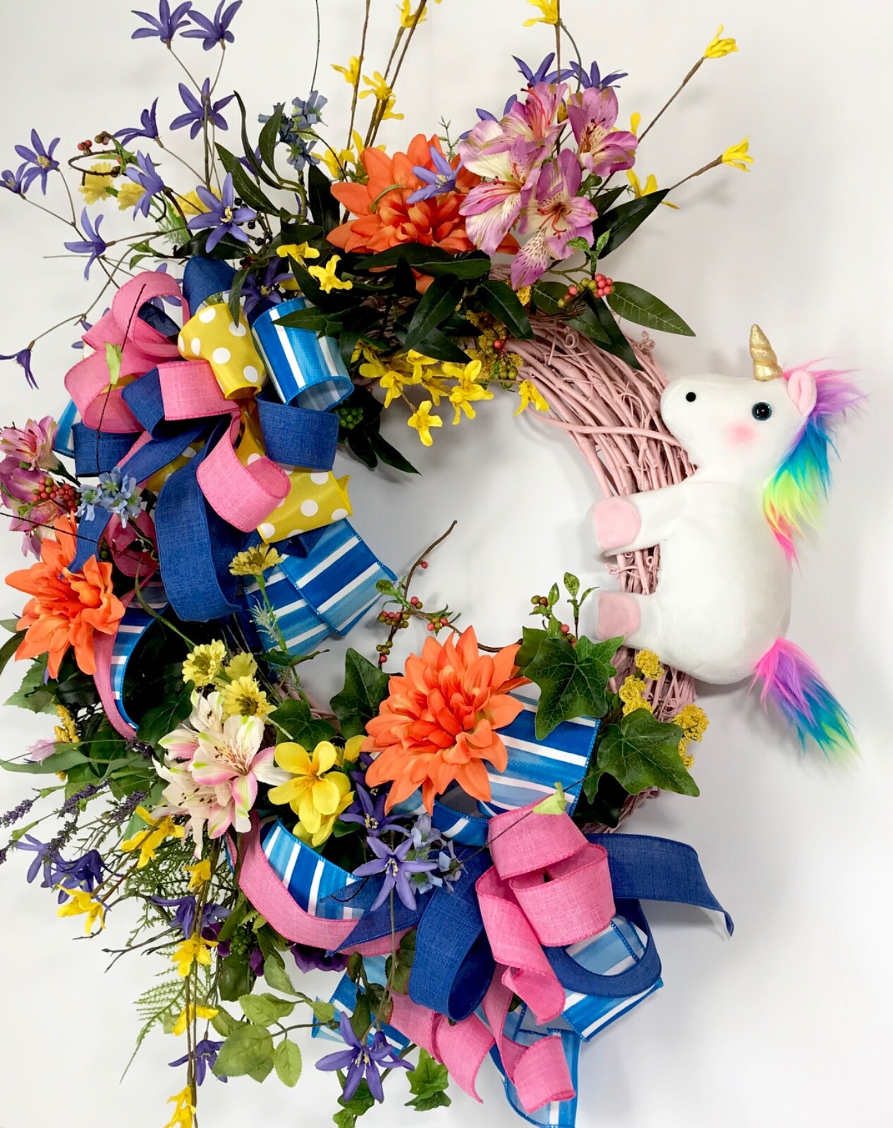 RAINBOW UNICORN PINK GRAPEVINE WREATH FRONT DOOR BRIGHT SUMMER FLOWERS DECOR NEW