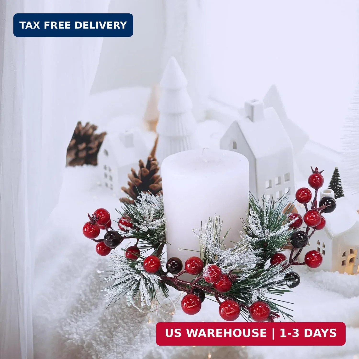 Winlyn 4 Pcs Artificial Pine and Berry Candle Rings Wreaths Snowy Pine Needle Re