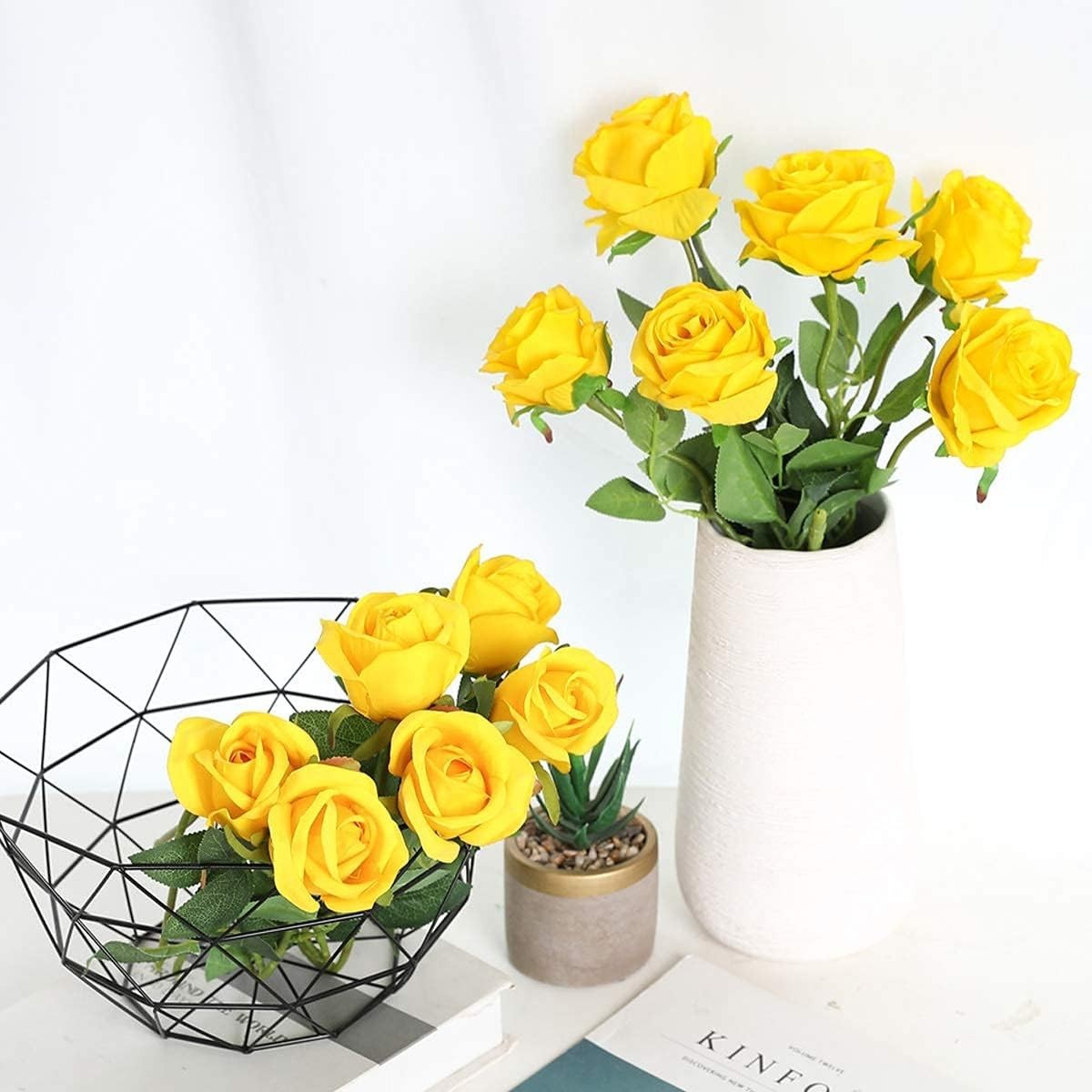 Realistic Silk Rose Bouquet – 12PCS Long Stem Yellow Flowers for Home & Weddings