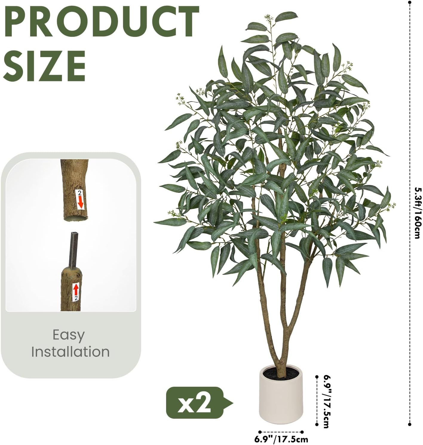 5FT Faux Eucalyptus Trees – Set of 2 in White Planters for Home Decor