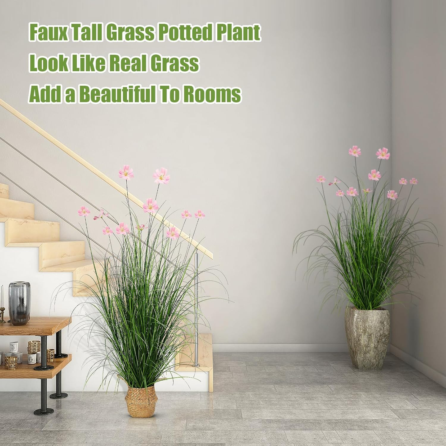 2 Pack 47In/4Ft Artificial Grass with Fake Flowers Faux Plants Outdoor Indoor Ta