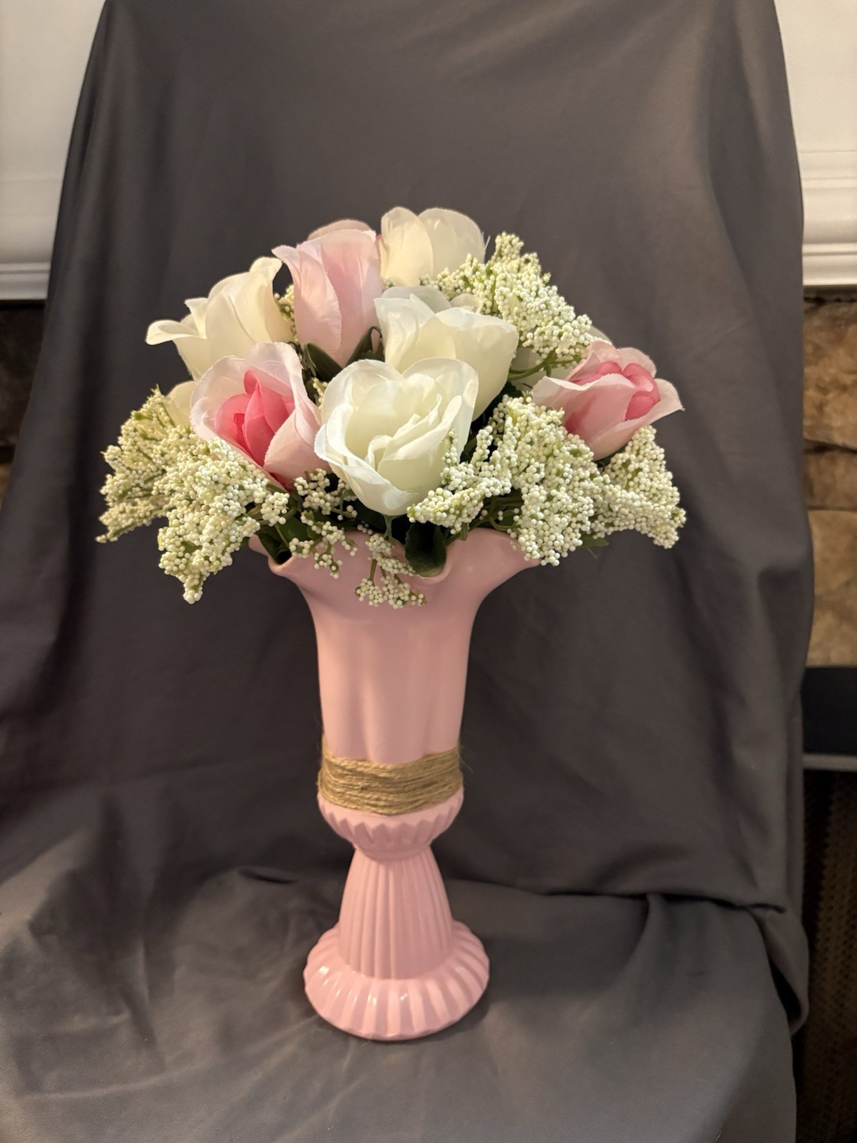 New Handmade Floral Arrangement Pink And White Roses 14” Tall Weighs 3 Lbs L15