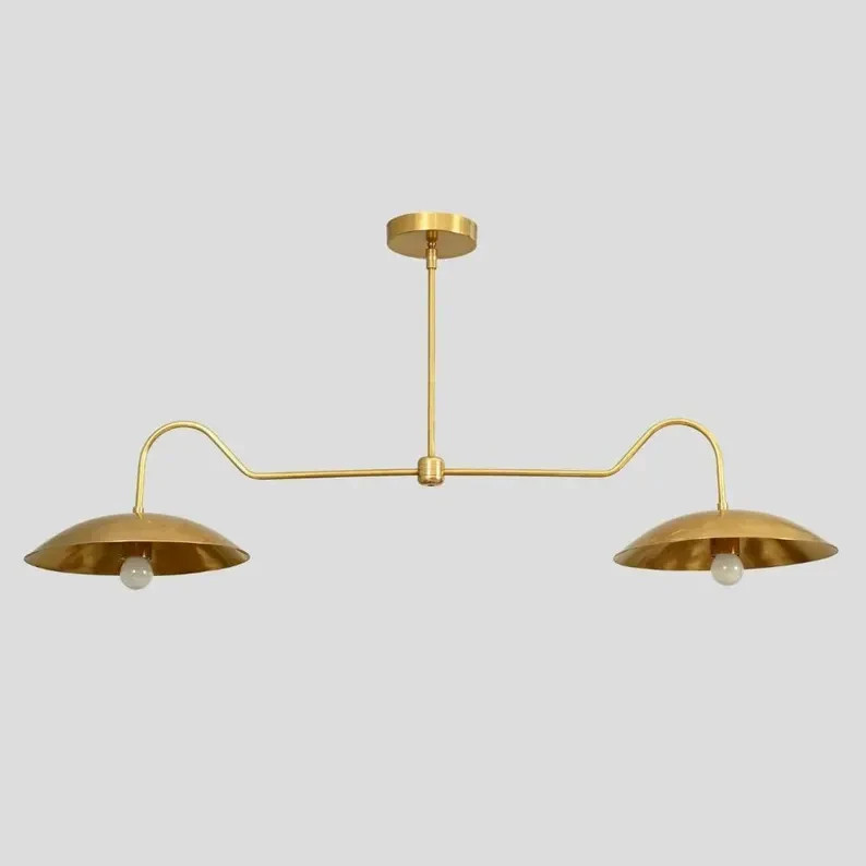 Linear Double Shade Brass Chandelier, Italian Style Mid Century Modern Brass Cei