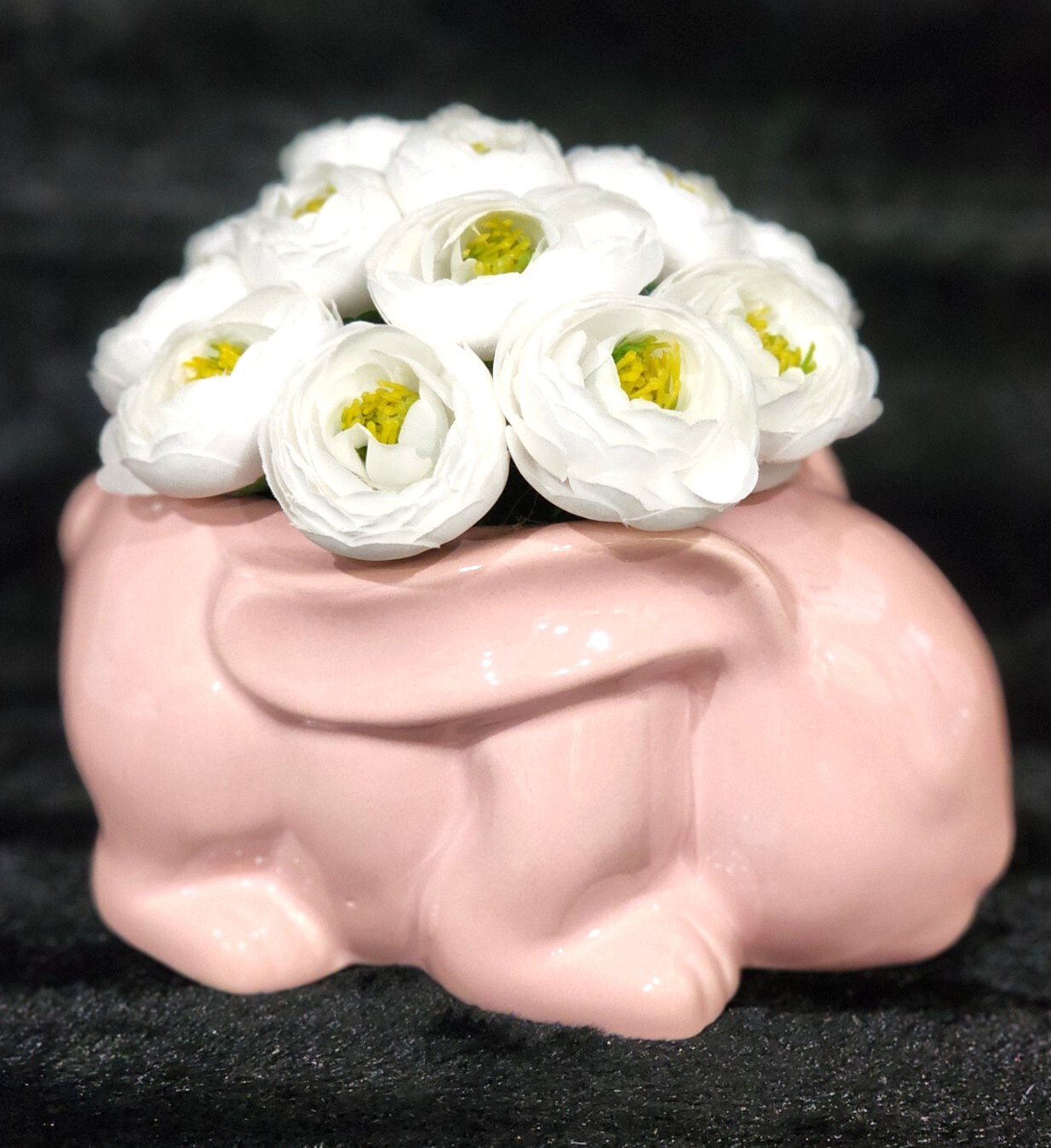 White Silk Floral Arrangement in Pink Ceramic Bunny Planter 7″ Decor Easter Baby