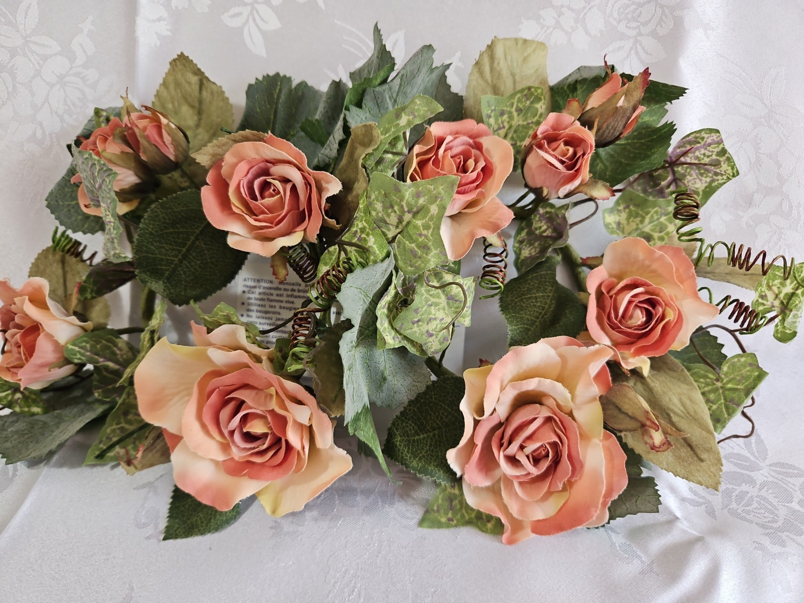 Home Interiors 40501 Victorian Rose Ivy Pair Candle Rings /Peach Pink Sage/New