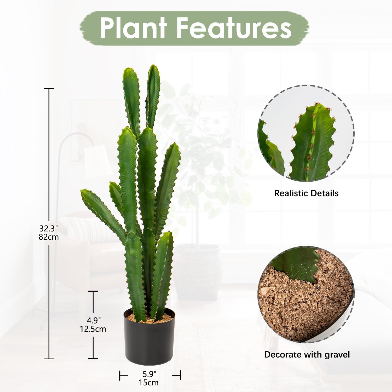 32.5″ Tall Fake Cactus Plant Potted ‘Euphorbia Accruensis’ – Large Artificial…