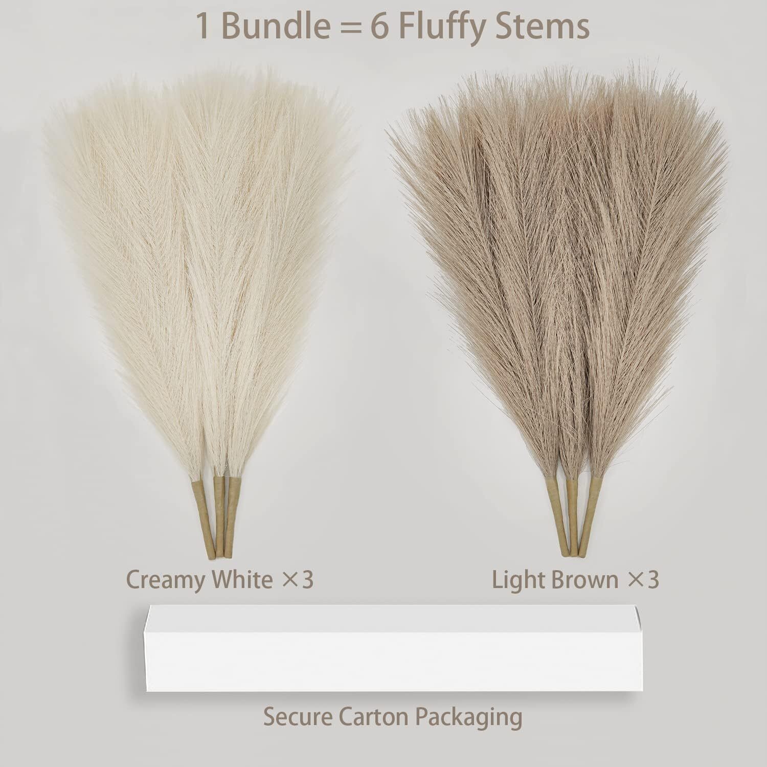 Faux Pampas Grass Decor. 6 Stems 17” Short Artificial Beige, Light Brown