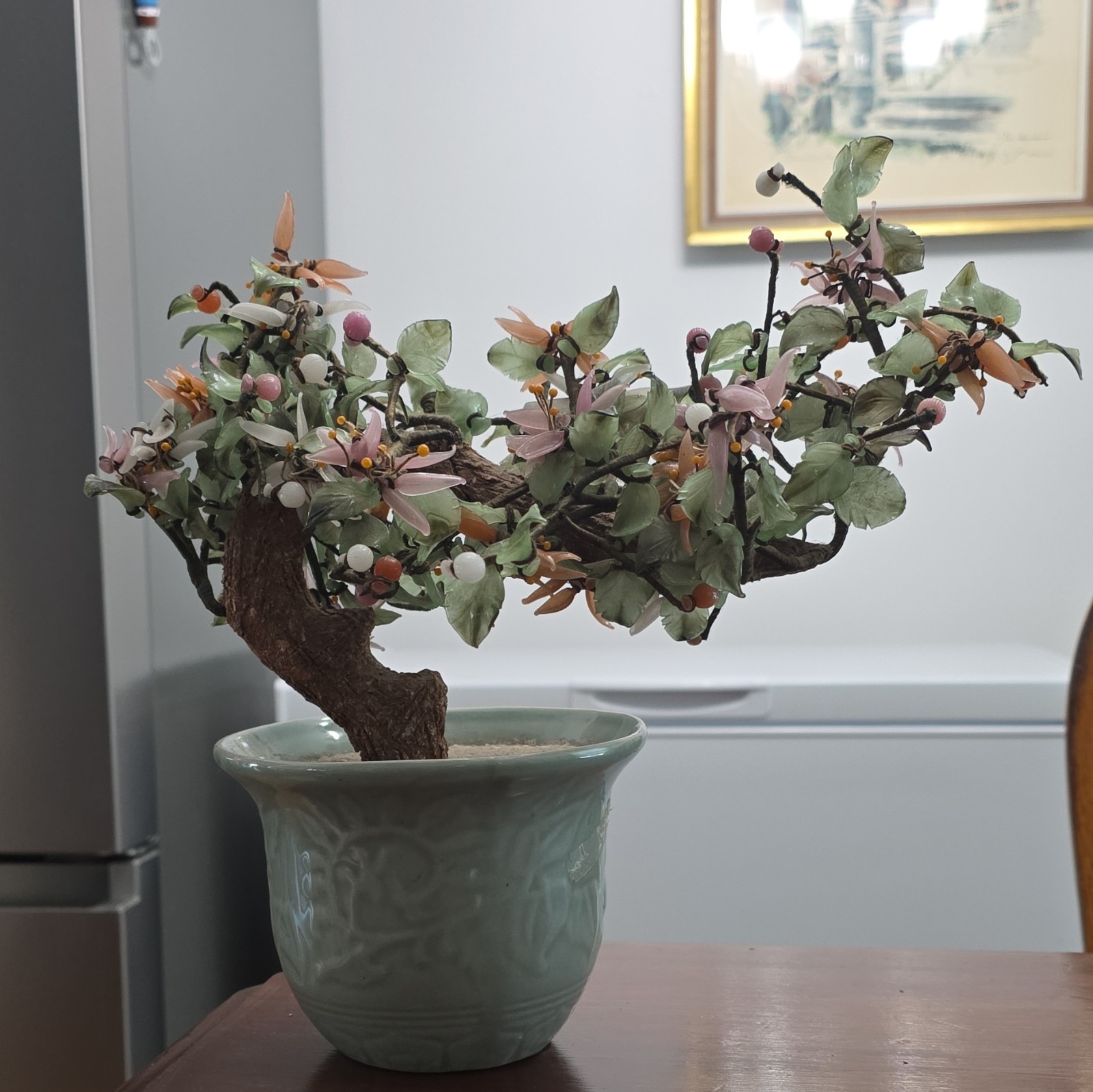 Artificial Bonsai Tree Floral Arrangement, Green Ceramic Pot, Pink/White Berries
