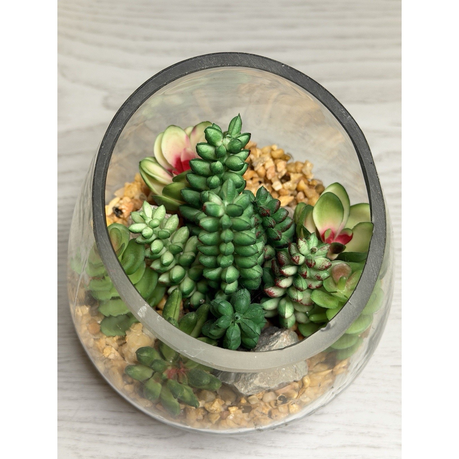 Faux Succulent Terrarium Bowl • Glass Cactus Arrangement • Tabletop Home Decor