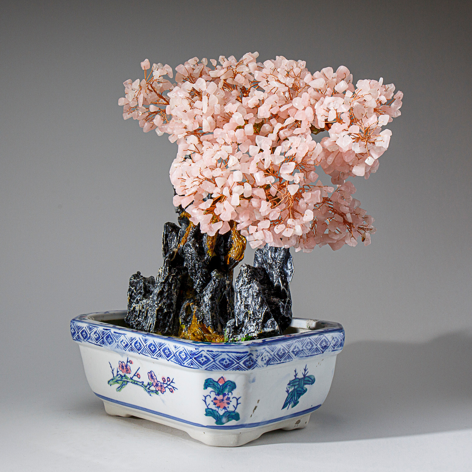 Genuine Rose Quartz Gemstone Bonsai Tree in Round Ceramic Pot (13”Tall)