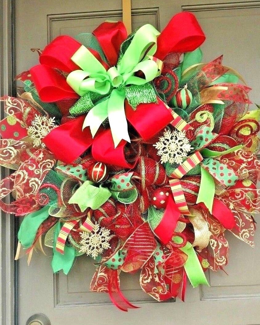 Handmade Christmas Front Door Wreath Large 24″ Deco Mesh Gold Snowflake Decor