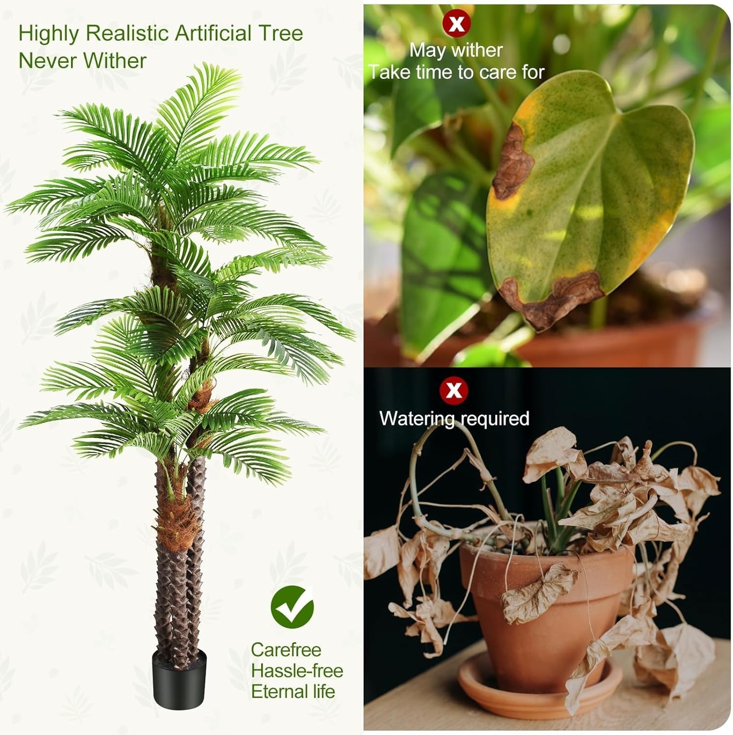 8.5ft Tall Artificial Triple Phoenix Palm Tree UV Resistant Large Fake Silk