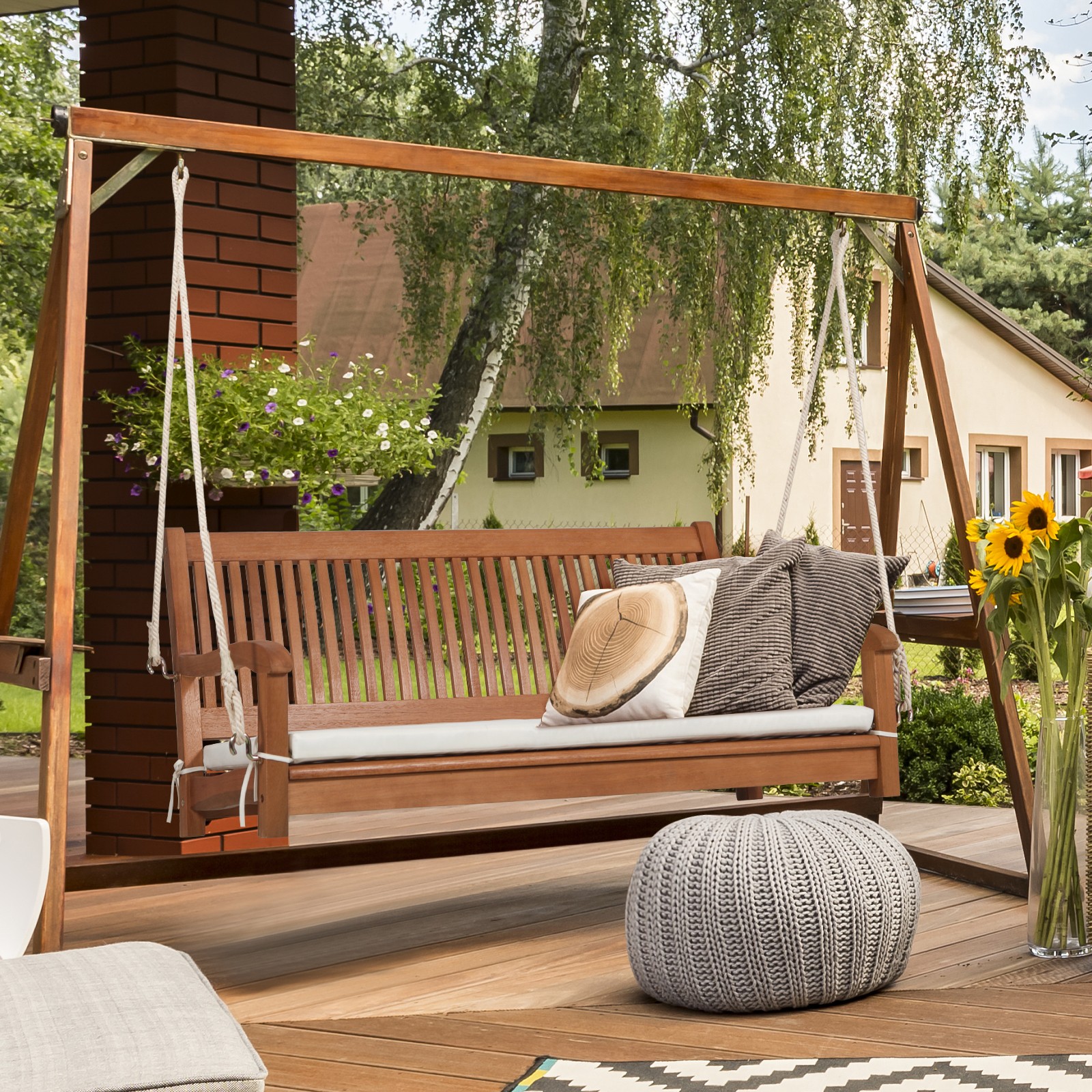 2-Person Porch Swing Bench Wooden Swing w/ Ergonomic Backrest & Seat Natural