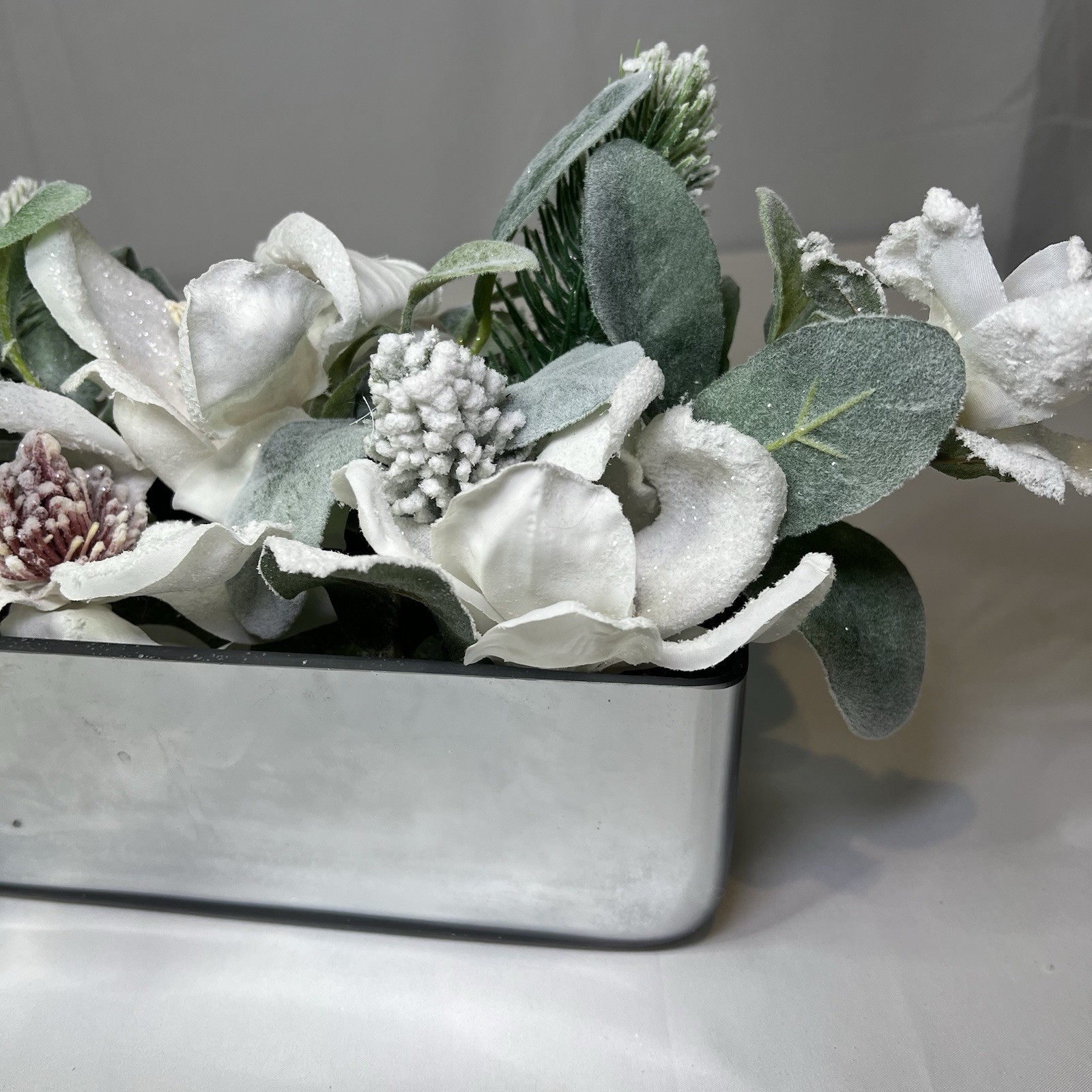 Christmas Magnolia Table Centerpiece Silver Planter Frosted Foliage $75 Winter