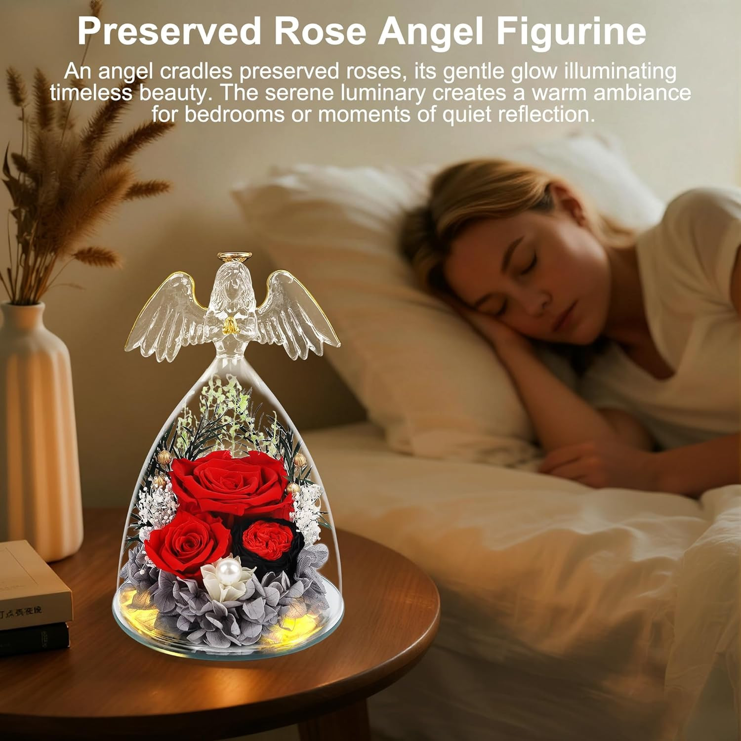 Gifts for Women Mom-Preserved Roses in Glass Angel Figurine, Forever Fresh Flowe