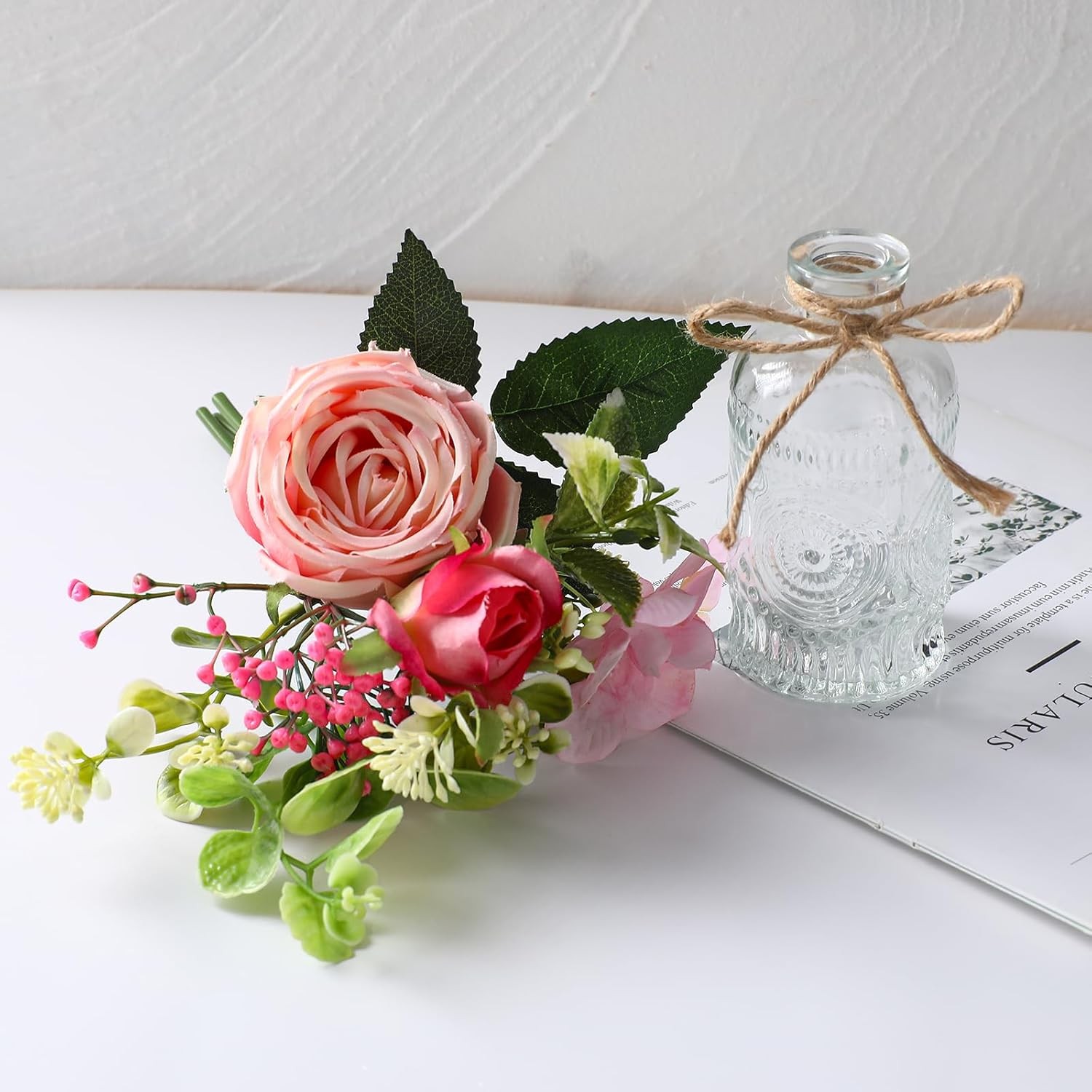 Flowers Bouquet in Small Vase – Pink Rose Artificial Fake Centerpiece Potted
